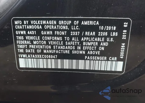 2019 Volkswagen Passat Wolfsburg из США, поврежденный, VIN 1VWLA7A3XKC006947